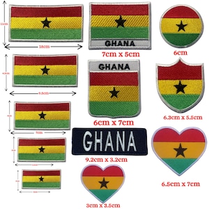 May include: A selection of Ghana flag patches in different shapes and sizes. The patches display the Ghanaian flag's colours: red, yellow, and green stripes, with a black star. Sizes vary, with the largest patch measuring 18cm x 11cm, and the smallest 3cm x 3.5cm.