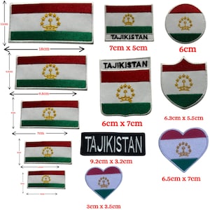 May include: A selection of Tajikistan flag patches in various shapes, including rectangular, circular, and heart-shaped designs. The patches feature the flag's red, white, and green stripes, with a golden emblem. Sizes vary from 3 cm to 18 cm in length.