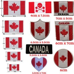 May include: A set of ten Canadian flag patches in various shapes and sizes, including a heart, a shield, a circle, and a rectangle. The patches are all red and white with a maple leaf design. The patches are all embroidered and have a variety of sizes, ranging from 4 cm x 7.5 cm to 9.2 cm x 3.2 cm.