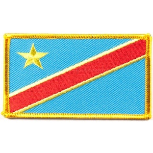 May include: A blue and red embroidered patch with a gold star and a gold border. The patch features the flag of the Democratic Republic of the Congo.