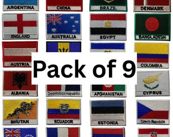 Pack of 9 National Flag Patches Iron/Sew On Embroidered Badges for Clothing A-F