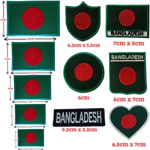 Könnte beinhalten: Ein Set mit 10 gestickten Bügelbildern mit der Flagge von Bangladesch. Die Patches sind in verschiedenen Formen und Größen, darunter rechteckig, rund, schildförmig und herzförmig. Die Patches sind grün mit einem roten Kreis in der Mitte und einige enthalten den Schriftzug "BANGLADESH" in weiß.
