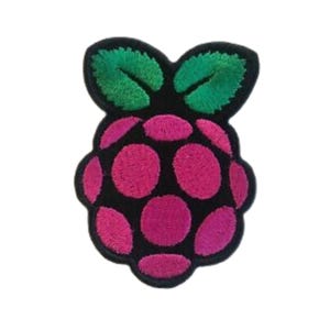 May include: Embroidered patch featuring the Raspberry Pi logo, a pink raspberry with green leaves.