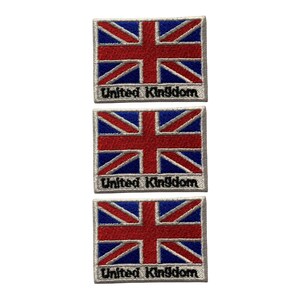 May include: Three embroidered patches displaying the Union Jack flag. Each patch features the red cross and diagonal stripes on a blue background, with the words "United Kingdom" embroidered below in white thread.