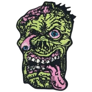 Könnte beinhalten: Grünes und pinkfarbenes Zombiegesicht mit einem großen Mund und herausgestreckter Zunge. Der Zombie hat ein Auge verloren und das andere Auge ist blau. Die Haut des Zombies ist zerrissen und zerfetzt.