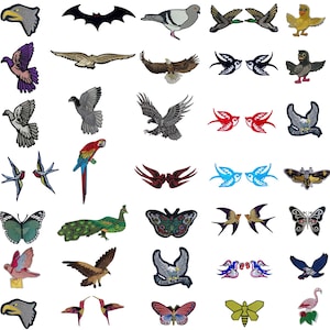 May include: A selection of embroidered patches showcasing birds, insects, and other creatures. Designs include eagles, butterflies, a parrot, and a peacock, in various colours and styles. These patches are suitable for clothing and accessories.