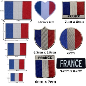 May include: A set of nine iron-on patches featuring the French flag in various shapes and sizes. The patches include a heart, a shield, a circle, and rectangular patches with the word "FRANCE" printed on some. The patches range in size from 2 cm to 9.2 cm.