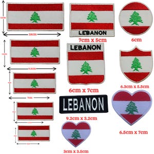 Może przedstawiać: Kolekcja haftowanych naszywek z flagą Libanu. Naszywki mają różne kształty, w tym prostokąty, koła i serce. Projekt flagi obejmuje czerwone i białe paski z zieloną cedrem. Rozmiary wahają się od 3 cm do 18 cm.