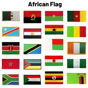 May include: A collection of 16 embroidered patches featuring the flags of African countries. The patches are arranged in four rows of four, with each patch showing a different flag. The flags are all in their standard colors and designs.