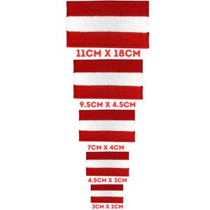 May include: Five red and white Austrian flag patches in different sizes. The patches are 11cm x 18cm, 9.5cm x 4.5cm, 7cm x 4cm, 4.5cm x 3cm, and 3cm x 2cm.