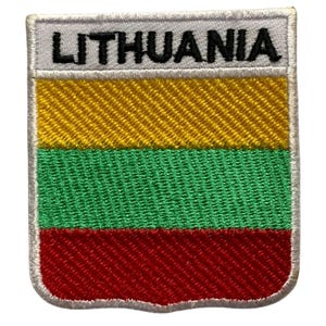 May include: Embroidered patch with the Lithuanian flag. The flag is yellow, green, and red with the word "LITHUANIA" in black lettering on a white background.