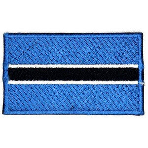 May include: An embroidered patch featuring the flag of Botswana. The patch is blue with a white and black horizontal stripe in the center.