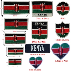 May include: A selection of Kenya flag patches in different shapes and dimensions. The patches display the Kenyan flag's colours: black, red, and green, with a central shield and spear design. Sizes vary from 3cm x 3.5cm to 18cm x 11cm.