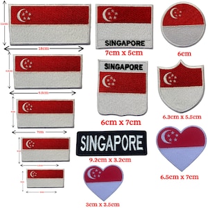 May include: Collection of Singapore flag patches in various shapes and sizes. The patches feature the Singapore flag design with a red and white color scheme, a crescent moon, and five stars. Sizes range from 1.2 inches x 1.4 inches to 7.1 inches x 4.3 inches.