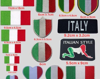 May include: A collection of embroidered patches featuring the Italian flag in various shapes including rectangles, shields, circles, and hearts. Some patches include the text ITALY or ITALIAN STYLE, with visible measurements ranging from 3cm to 18cm.