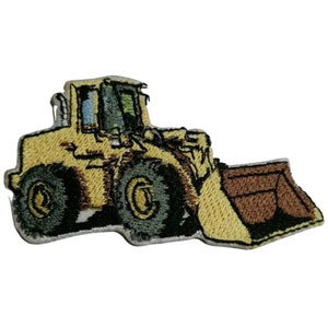 May include: Yellow embroidered iron-on patch of a front loader tractor with a brown bucket.