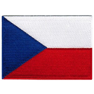 May include: An embroidered patch featuring the flag of the Czech Republic, with red, white and blue colours.