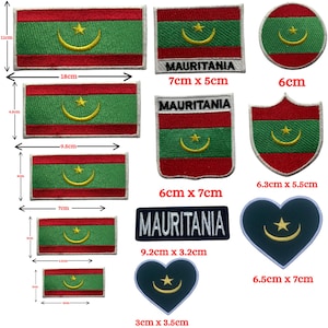 May include: A collection of embroidered patches featuring the flag of Mauritania. The patches vary in size and shape, including rectangular, circular, and heart-shaped designs. The flag design includes red and green stripes with a gold crescent and star.