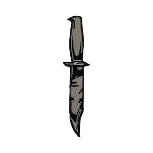 May include: A black and gray embroidered patch of a knife with a black handle and a gray blade.