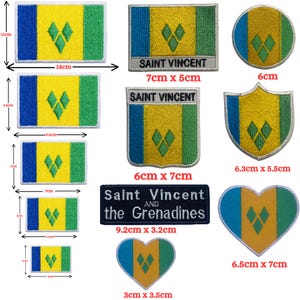 May include: A collection of embroidered patches featuring the flag of Saint Vincent and the Grenadines in various shapes and sizes, including rectangles, circles, shields, and hearts, with some patches displaying the text Saint Vincent.