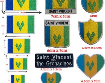 May include: A collection of embroidered patches featuring the flag of Saint Vincent and the Grenadines in various shapes and sizes, including rectangles, circles, shields, and hearts, with some patches displaying the text Saint Vincent.