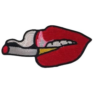 May include: Red lips with a cigarette sticking out of them. The cigarette is lit and has smoke coming out of it. The lips are outlined in black.