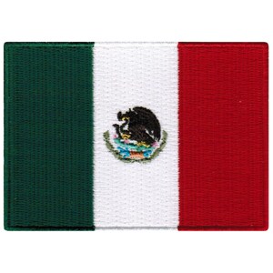 May include: An embroidered patch of the Mexican flag. The flag is green, white, and red with the Mexican coat of arms in the centre.