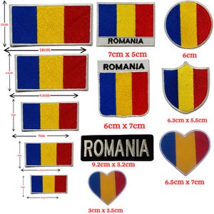 May include: A selection of embroidered patches displaying the Romanian flag in diverse shapes. These include rectangular, circular, shield, and heart designs, with sizes varying from 3 cm to 18 cm in length. The word 'ROMANIA' is featured on some.