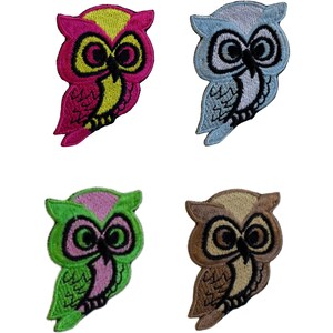May include: Four embroidered iron-on owl patches in different colors: pink and yellow, light blue, green and pink, and brown. Each owl has black eyes and a black beak.
