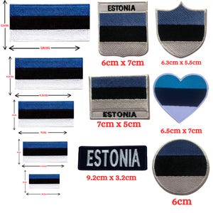 Pode incluir: Um conjunto de dez patches bordados para passar a ferro com a bandeira da Estónia em várias formas e tamanhos. Os patches incluem um retângulo, um escudo, um coração, um círculo e um patch retangular com a palavra "ESTONIA" escrita nele. Todos os patches são feitos de feltro e têm um suporte branco.