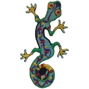May include: A colourful embroidered patch of a green and blue gecko with yellow, red and purple accents.