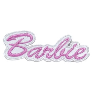 May include: Pink embroidered "Barbie" lettering on a white background. The letters are outlined in white.