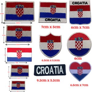 以下が含まれることがあります： クロアチアの国旗を様々な形とサイズでデザインしたアイロン接着パッチ10個セット。長方形の旗、盾型の旗、円形の旗、ハート型の旗、そして「CROATIA」と印刷された長方形のパッチが含まれています。パッチはすべて赤、白、青の糸で刺繍されています。