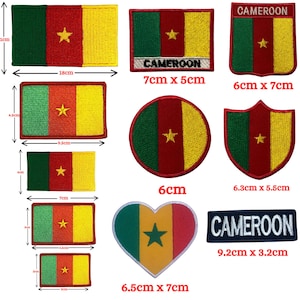 May include: Collection of Cameroon flag patches in various shapes and sizes. The patches feature the flag's green, red, and yellow colors, with a yellow star in the center. Sizes range from 1.2 inches x 1.2 inches to 7.1 inches x 4.3 inches.