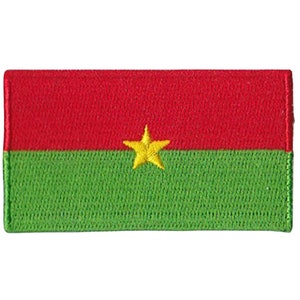 May include: A red and green embroidered patch with a yellow star in the center. The patch is a representation of the flag of Burkina Faso.