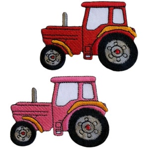 May include: Two embroidered iron-on patches of tractors. One is red and the other is pink.