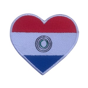 May include: A red, white, and blue heart-shaped patch with the flag of Paraguay. The flag features a red top stripe, a white middle stripe with a blue circle containing a green circle in the center, and a blue bottom stripe.