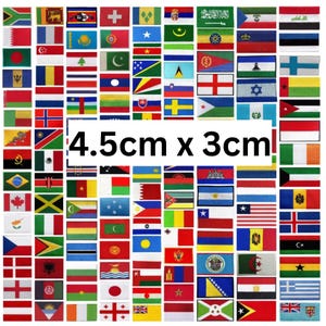 May include: A selection of embroidered flag patches, each measuring 4.5cm x 3cm. The patches display the flags of numerous nations, with a variety of colours and designs. The image presents a grid of rectangular patches.