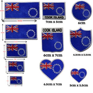May include: A collection of embroidered patches featuring the Cook Islands flag design in various shapes and sizes, including rectangular, circular, shield, and heart forms. Each patch displays the blue field, Union Jack, and star circle.