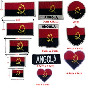 May include: A collection of embroidered patches featuring the Angolan flag. The patches come in various shapes, including rectangles, circles, and hearts. The flag design includes red and black horizontal stripes with a yellow emblem. Sizes range from 1.2 inches to 7 inches.
