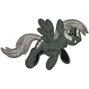 May include: A gray and green embroidered patch of a winged pony with a gray mane and tail. The pony is flying with its wings spread out.