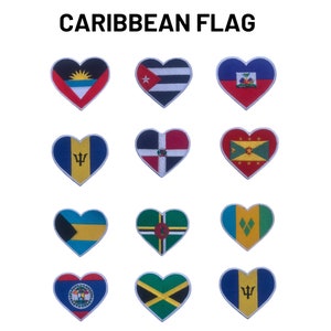 May include: Twelve heart-shaped patches featuring the flags of Caribbean countries. The flags include Antigua and Barbuda, Cuba, Haiti, Barbados, Dominican Republic, Grenada, Bahamas, Dominica, Saint Vincent and the Grenadines, Belize, Jamaica, and Trinidad and Tobago.