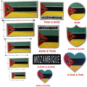 May include: A collection of Mozambique flag patches in various shapes and sizes. The patches feature the flag's green, black, yellow, and red colors, with a yellow star emblem. Sizes range from 1.2 inches to 7 inches in length.