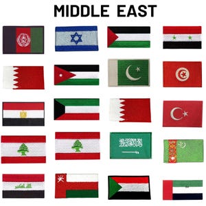 May include: A collection of embroidered patches featuring the flags of countries in the Middle East. The patches are arranged in a grid pattern and are all rectangular in shape. The flags are all brightly coloured and feature various symbols and designs.