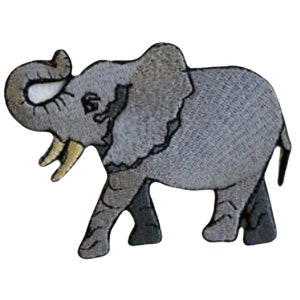 Könnte beinhalten: Ein gestickter Aufnäher mit einem grauen Elefanten, der nach rechts geht. Der Elefant hat ein großes Ohr und einen Rüssel, der nach oben gerollt ist.