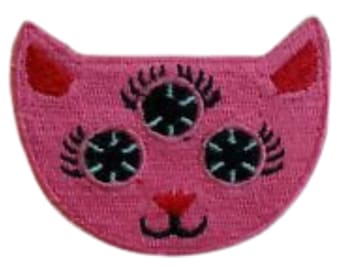 Rosa Katze Drei Augen Tier Aufbügler Gestickte Aufnäher Applikation