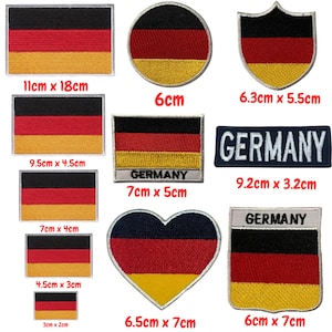 May include: A set of ten iron-on patches featuring the German flag in various shapes and sizes. The patches include a rectangle, a circle, a shield, a heart, and a rectangle with the word "GERMANY" printed on it. The patches range in size from 3 cm x 2 cm to 11 cm x 18 cm.