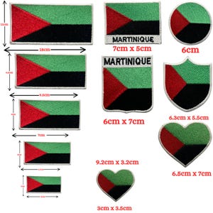 May include: A selection of embroidered Martinique flag patches in diverse shapes. These include rectangular, circular, shield, and heart designs, with sizes varying from 3 cm to 18 cm in length. The flag design incorporates red, green, and black, with some patches including the text "MARTINIQUE".
