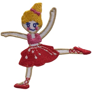 May include: Embroidered patch of a ballerina in a dancing pose. The ballerina has blonde hair with a pink bow, a pink top, and a red tutu. Her ballet shoes are red. The patch has a white background with gold trim.