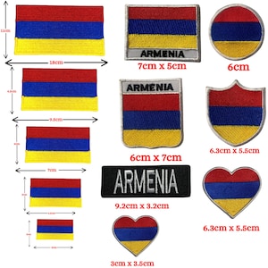 May include: A collection of embroidered patches featuring the Armenian flag in various shapes and sizes. The patches display the flag's red, blue, and yellow horizontal stripes. Some patches include the word "ARMENIA". Measurements are in centimeters.